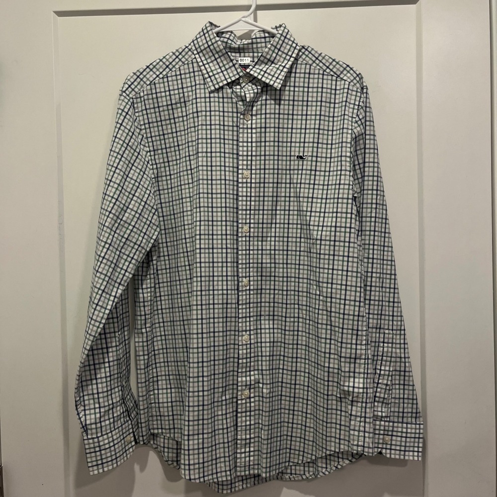 Vineyard Vines Mens Small Classic Fit Whale Shirt Blue Green Check Button Down